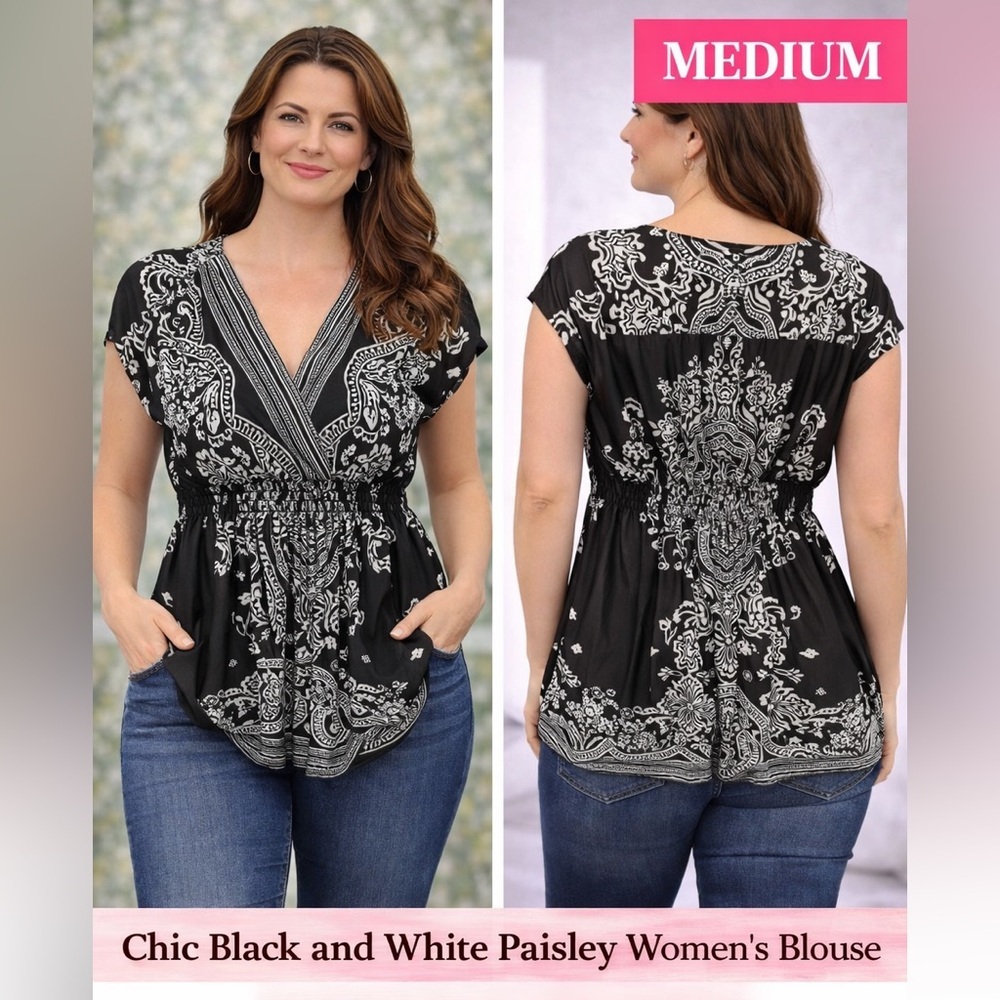 Chic Black and White Paisley Women's Blouse MEDIUM pit to pit 16in length 33in